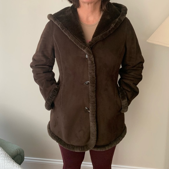 Jones New York Jackets & Blazers - Jones New York Brown Faux Suede Hooded Coat